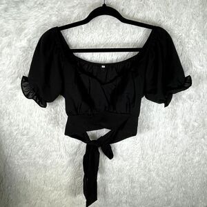 Boutique Tie Back Black Crop Top Peasant Blouse Womens Size Large